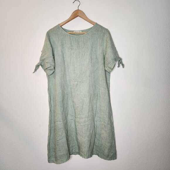 Terzo Millennio Womens Large Green 100% Linen Dress Tie Sleeves - Picture 2 of 8